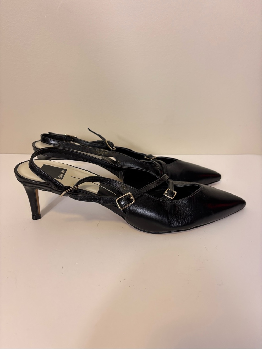 Dolce Vita Black Leather Pointed Slingback Heels with Buckle Straps 11
